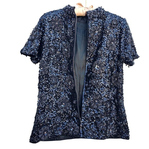 Vintage 1960s Black Hand Beaded NWT Sequined Wool Top 10 Made in Hong Kong NOS - Picture 9 of 12